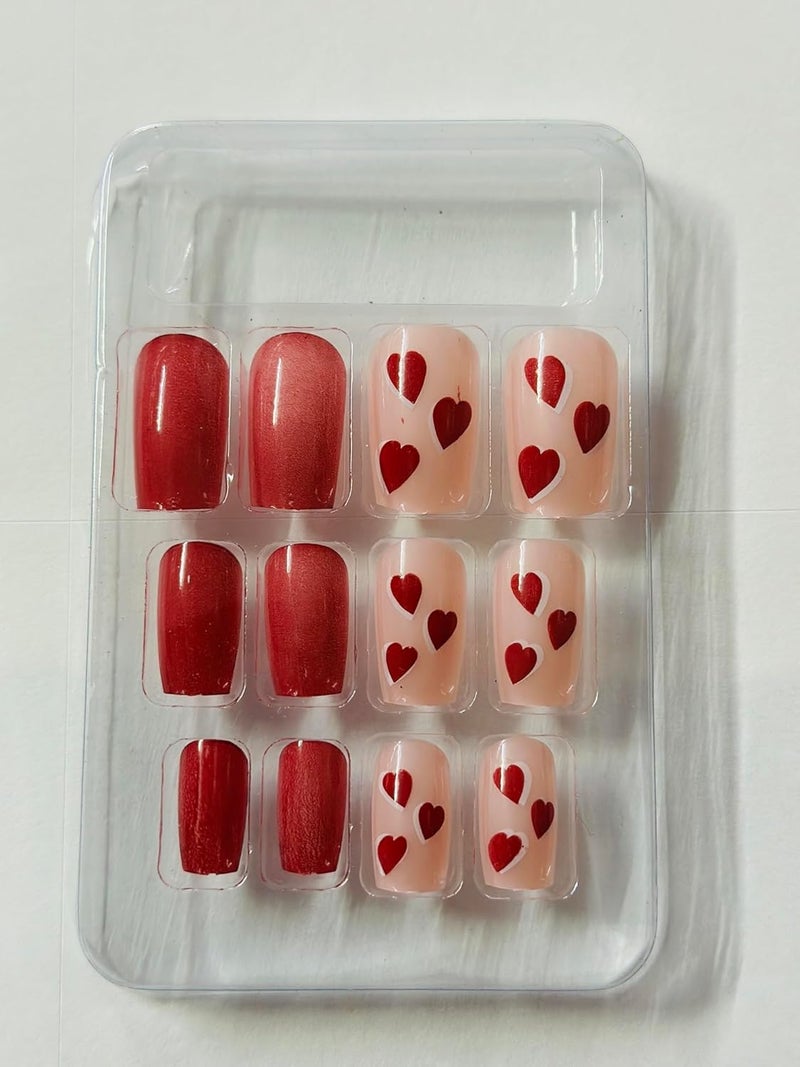 Deoxys 24 Pcs Nude Press on Nails Short PatternGlossy Solid Fake Nails Square with Nail GlueWhite Squoval Stick on Nails for Women and TeensGlue on Nails for Nails Art Gifts Pink Heart - Image 3