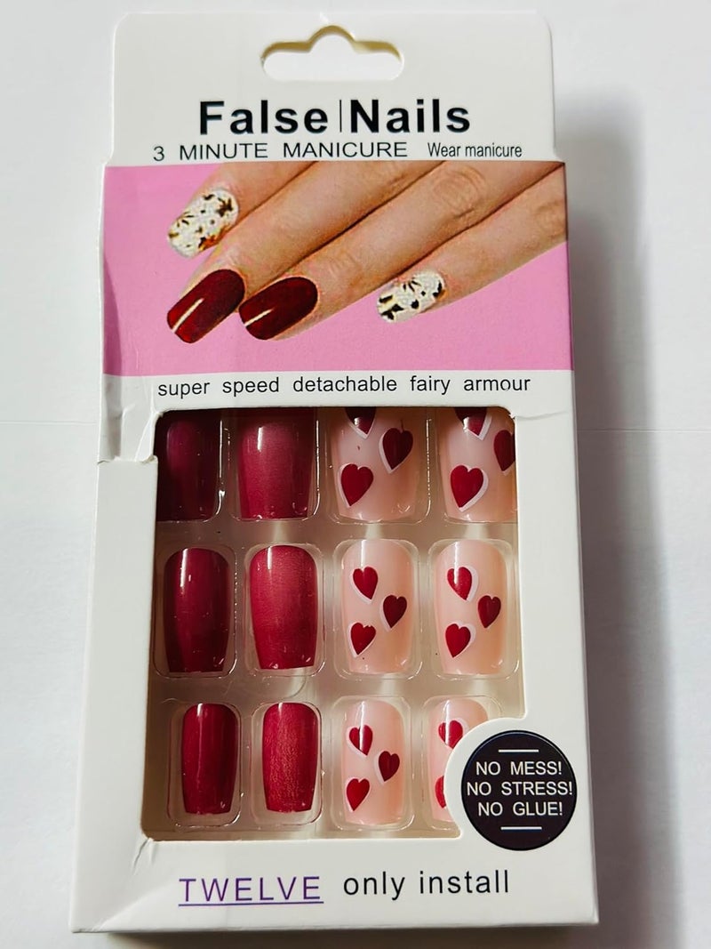 Deoxys 24 Pcs Nude Press on Nails Short PatternGlossy Solid Fake Nails Square with Nail GlueWhite Squoval Stick on Nails for Women and TeensGlue on Nails for Nails Art Gifts Pink Heart - Image 1