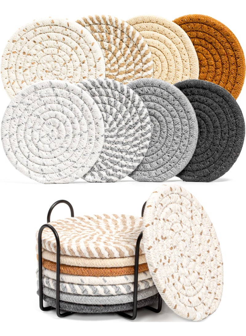 NYVIO 8 Pcs Drink Coasters with Holder, 8 Colors Absorbent Coasters for Drinks Minimalist Cup Coasters Cotton Coaster Set Woven Coasters for Coffee Table Home Decor Bar Housewarming Gift, 4.3 Inch - Image 1