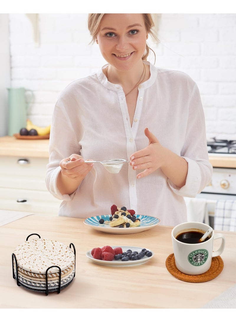 NYVIO 8 Pcs Drink Coasters with Holder, 8 Colors Absorbent Coasters for Drinks Minimalist Cup Coasters Cotton Coaster Set Woven Coasters for Coffee Table Home Decor Bar Housewarming Gift, 4.3 Inch - Image 4