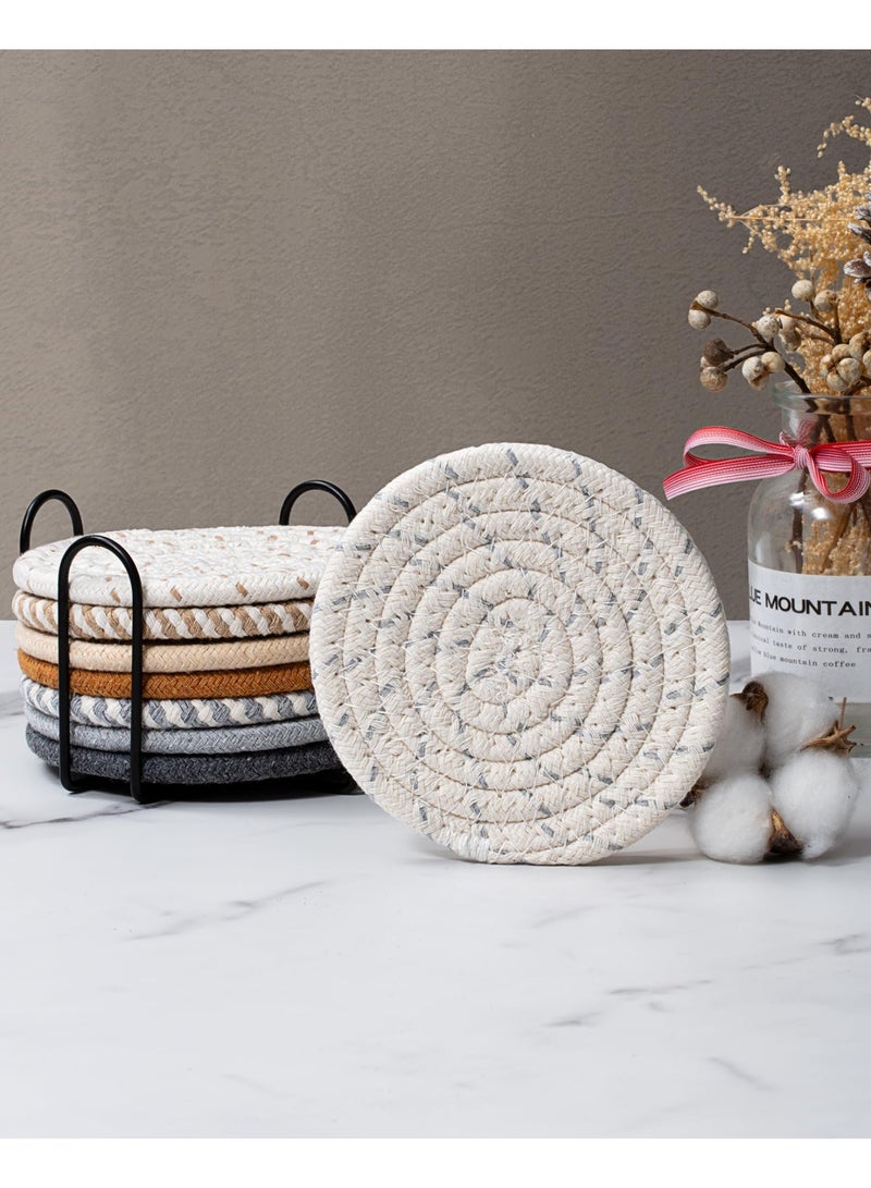 NYVIO 8 Pcs Drink Coasters with Holder, 8 Colors Absorbent Coasters for Drinks Minimalist Cup Coasters Cotton Coaster Set Woven Coasters for Coffee Table Home Decor Bar Housewarming Gift, 4.3 Inch - Image 3