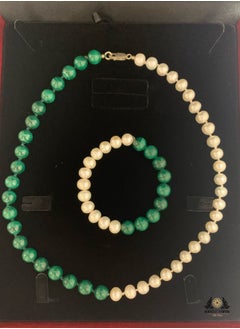 Miracle Empire Unisex Woman and Man Bracelet and Necklace Set Handmade of Natural 10mm Pearls, Malachite  - Image 1