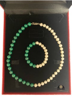 Miracle Empire Unisex Woman and Man Bracelet and Necklace Set Handmade of Natural 10mm Pearls, Malachite  - Image 2