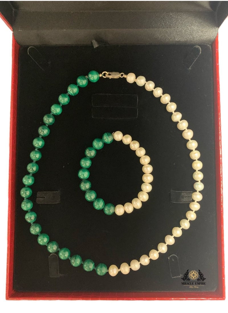 Miracle Empire Unisex Woman and Man Bracelet and Necklace Set Handmade of Natural 10mm Pearls, Malachite  - Image 2