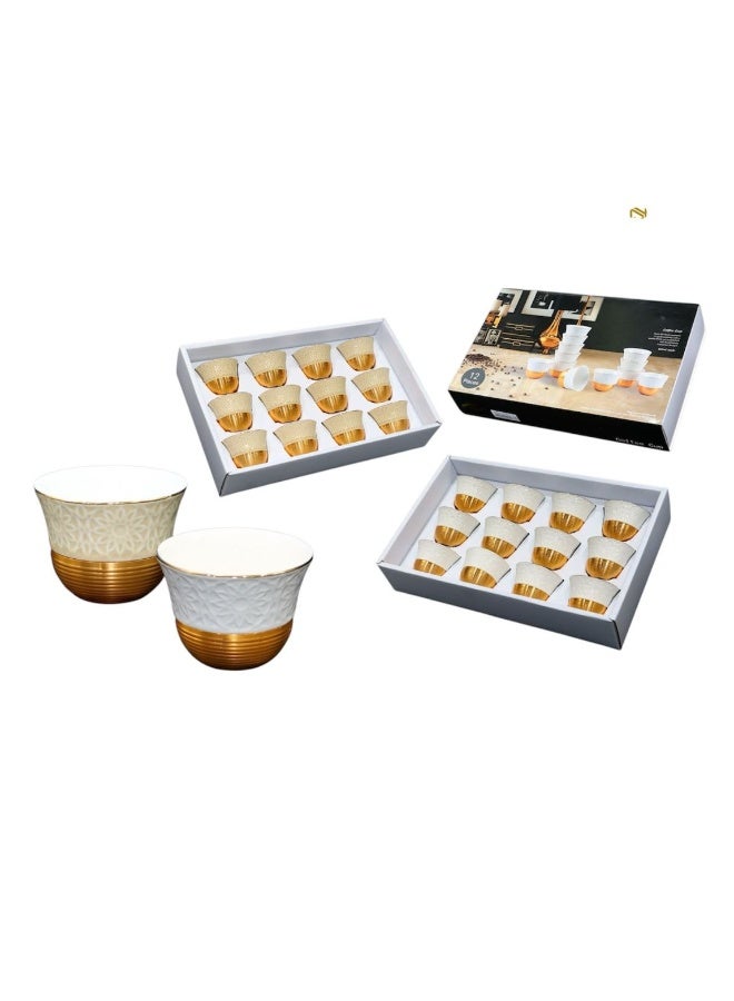 ALSAHAH Arabic coffee cups,  beige ceramic (12 gold-plated) - Image 1