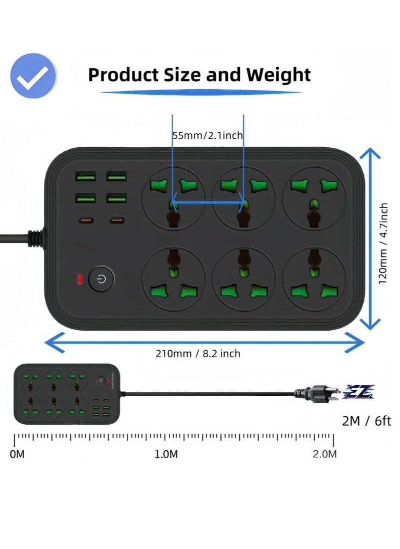 ELTRAZONE 12-in-1 Power Strip with USB-C – Universal Extension Cord, 6 AC Outlets, 4 USB Ports, 110-240V, Max 3000W, Wall Mountable International Plug Extender for Overseas Travel & Work (Black) – Surge Protection, Fast Charging & Compact Design - Image 2