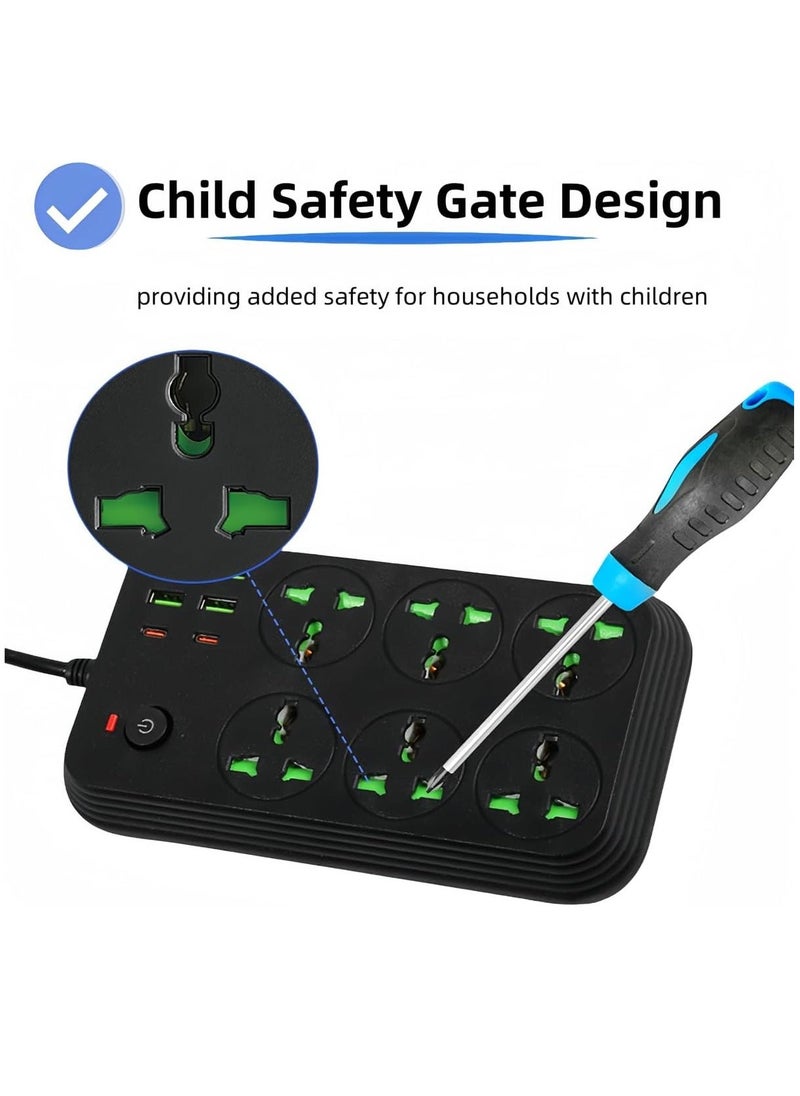 ELTRAZONE 12-in-1 Power Strip with USB-C – Universal Extension Cord, 6 AC Outlets, 4 USB Ports, 110-240V, Max 3000W, Wall Mountable International Plug Extender for Overseas Travel & Work (Black) – Surge Protection, Fast Charging & Compact Design - Image 4