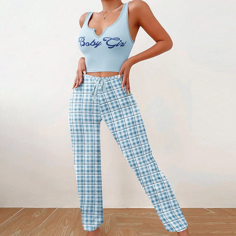 Baby Girl Sleeveless Top Letter Print Pajamas SetW0277 Vest Trousers-Blue W0277 Vest Trousers-Blue