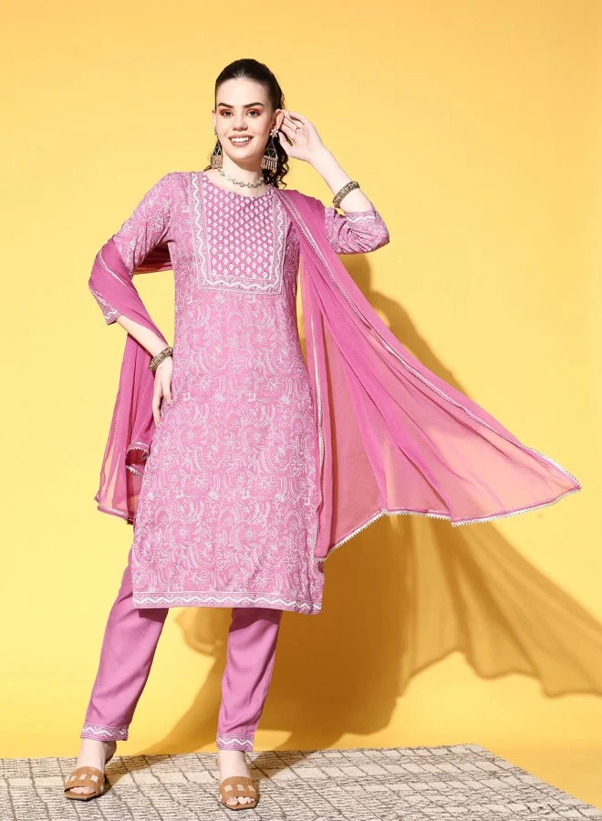 ISHIN Women's Mauve 100% Cotton Printed A-Line Kurta Set