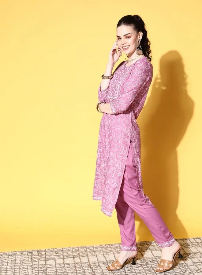 ISHIN Women's Mauve 100% Cotton Printed A-Line Kurta Set
