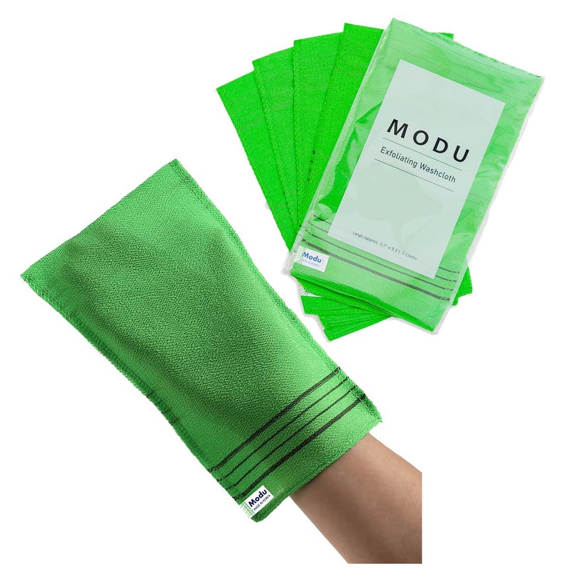 Modu Korean Exfoliating Mitts Large 5PCS (Green) â€“ Exfoliating Gloves Body Scrubber Italy Towel Washcloth for Korean Spa at Home, Dead Skin Remover, 100% Vegan Viscose - Image 1