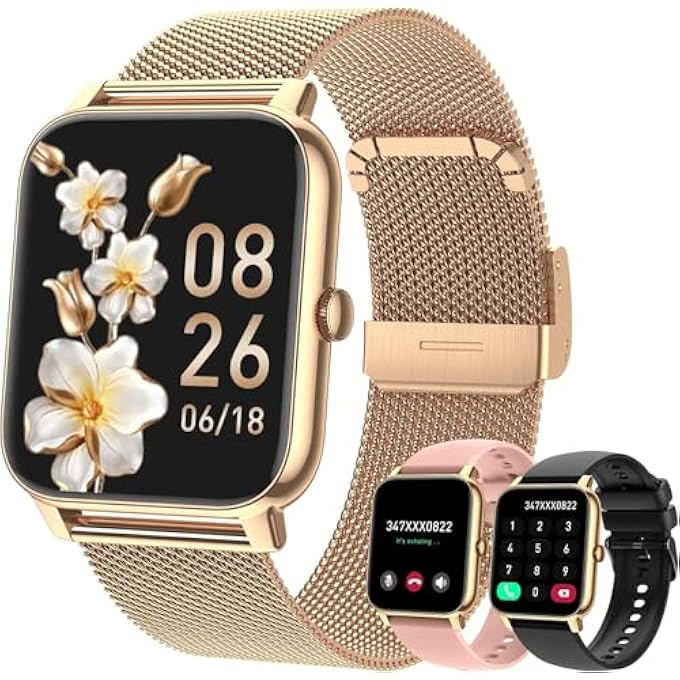 rayihni Smart Watch With Bluetooth Calling, Health Monitor, Sleep Tracker, Gold Mesh Band, Compatible With Iphone And Android - Image 2