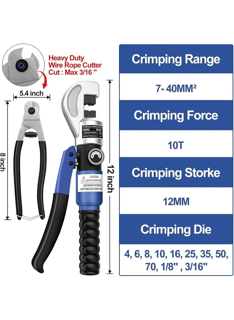 GGOOT 10 Ton Hydraulic Crimping Tool and Cable Cutter, Hydraulic Wire Battery Cable Lug Terminal Crimper Crimping Tool with 11 Dies, Wire Swaging Tool for 1/8" to 3/16" Cable Railing Hardware  - Image 2