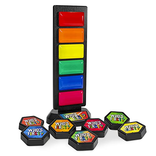 Trainers Warehouse نظام جرس اللعبة اللاسلكي Whos First v3 من Trainers Warehouse 6 Buzzer System لإثارة حماس الألعاب في الفصل الدراسي يشمل برج الإضاءة ومنفذ USB وموزع عشوائي لجعل المسابقات والأسئلة ممتعة - Image 1