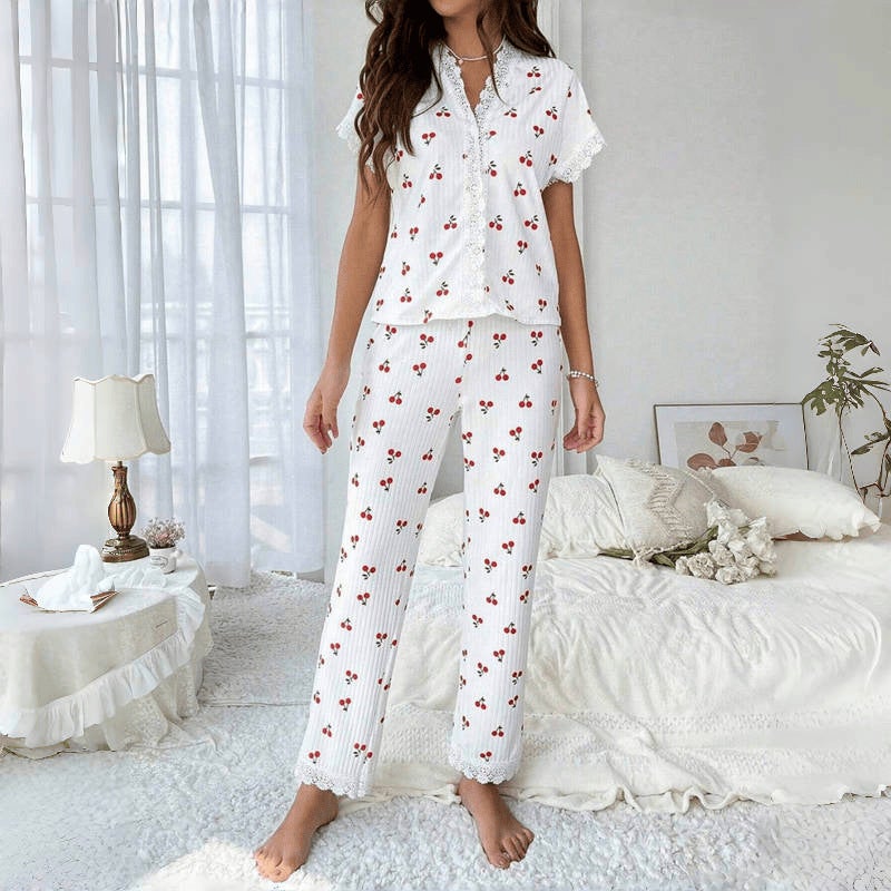 Best-Selling Women'S Home Clothes Cherry Print Water-Soluble Embroidered Edge Short-Sleeved Trousers Can Be Worn Outside Pajamas For Women - Image 4