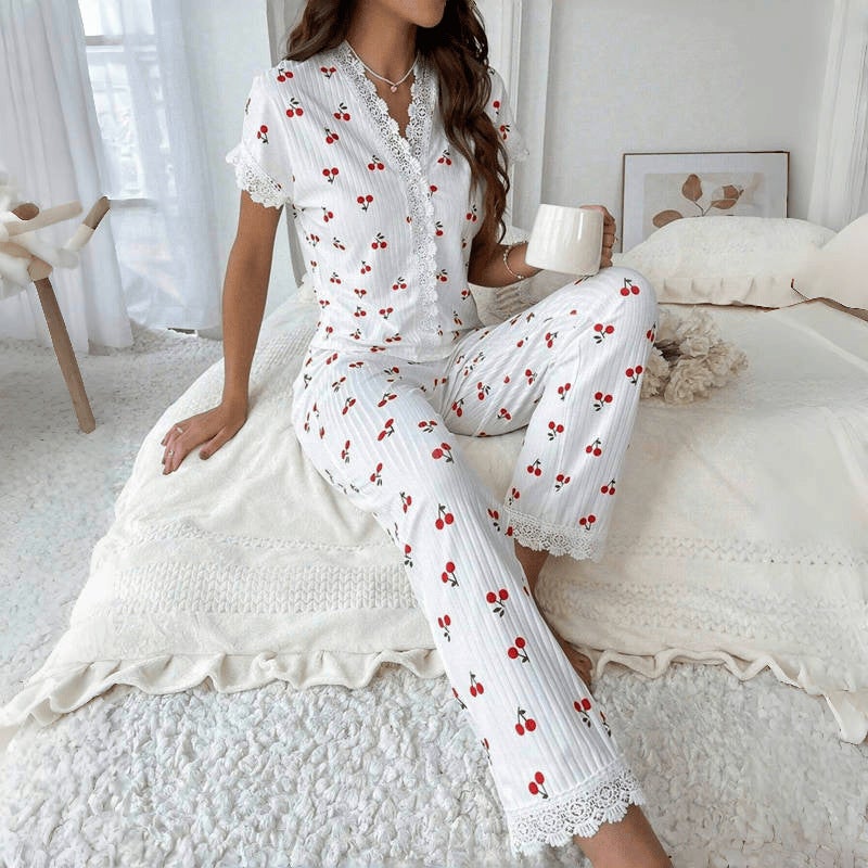 Best-Selling Women'S Home Clothes Cherry Print Water-Soluble Embroidered Edge Short-Sleeved Trousers Can Be Worn Outside Pajamas For Women - Image 3