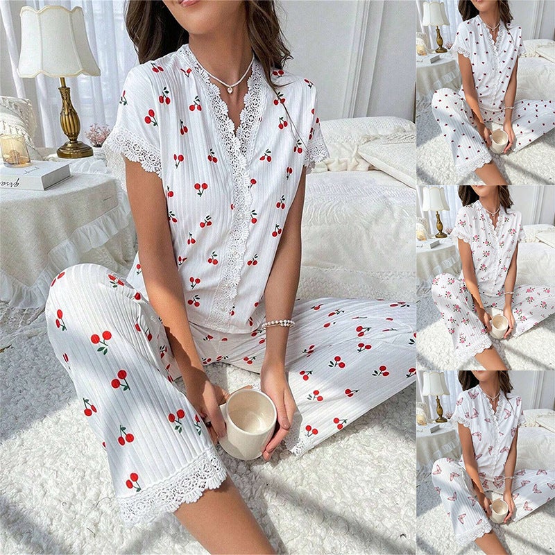 Best-Selling Women'S Home Clothes Cherry Print Water-Soluble Embroidered Edge Short-Sleeved Trousers Can Be Worn Outside Pajamas For Women - Image 2