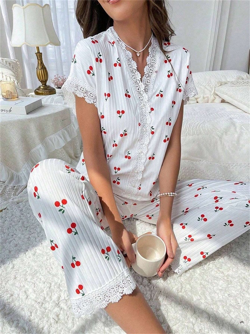 Best-Selling Women'S Home Clothes Cherry Print Water-Soluble Embroidered Edge Short-Sleeved Trousers Can Be Worn Outside Pajamas For Women - Image 1
