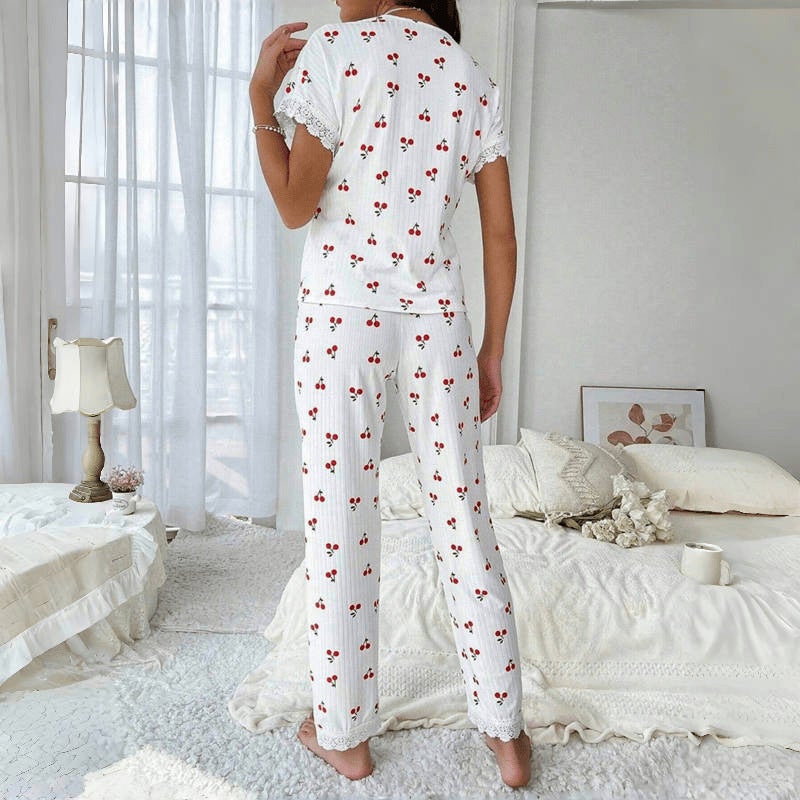 Best-Selling Women'S Home Clothes Cherry Print Water-Soluble Embroidered Edge Short-Sleeved Trousers Can Be Worn Outside Pajamas For Women - Image 5