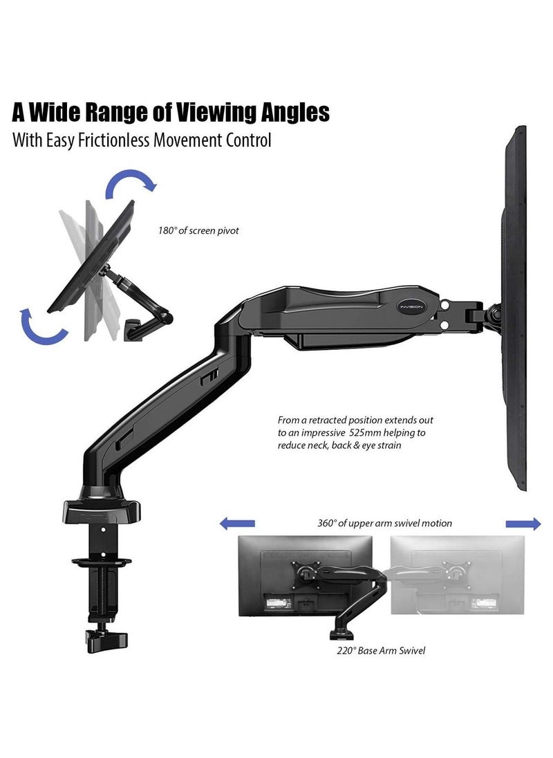 Height-Assisted Full Motion Single PC Monitor Arm Desktop Clamp Mount for 17-27in Adjustable Screens,75 to 100mm - Image 1