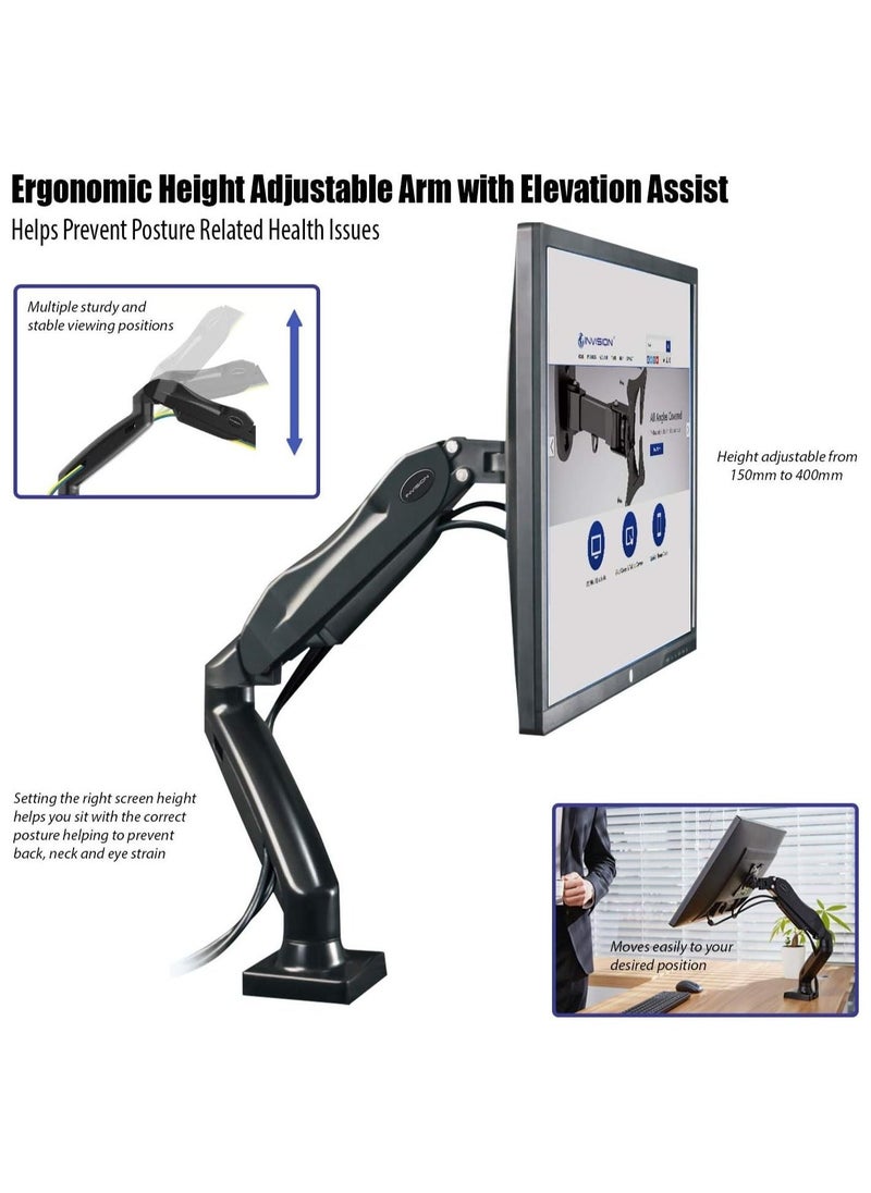 Height-Assisted Full Motion Single PC Monitor Arm Desktop Clamp Mount for 17-27in Adjustable Screens,75 to 100mm - Image 3