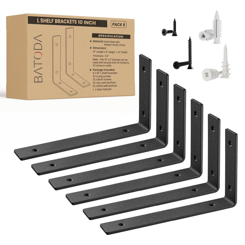 BATODA 10  Heavy Duty Shelf Brackets (6pcs) - L Shelf Brackets Black - Hook Brackets for Floating Shelves - Wall Mounted Support for DIY Open Shelving - Shelving Mounting Hardware Included (Pack 6) - Image 1