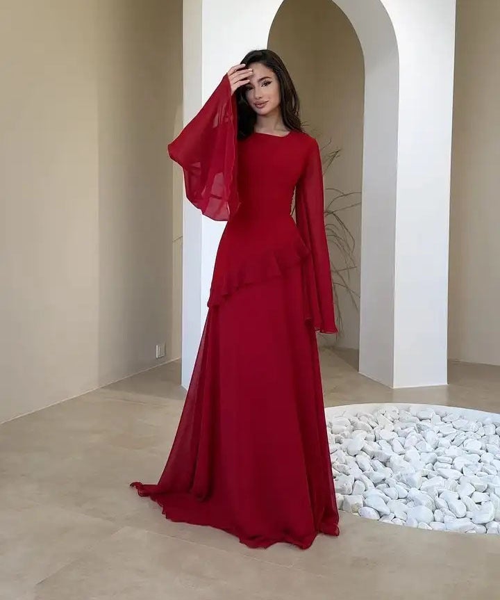 فستان نسائي جديد فضفاض بأكمام طويلة من الشبك بلون موحد مع كشكش - Image 1