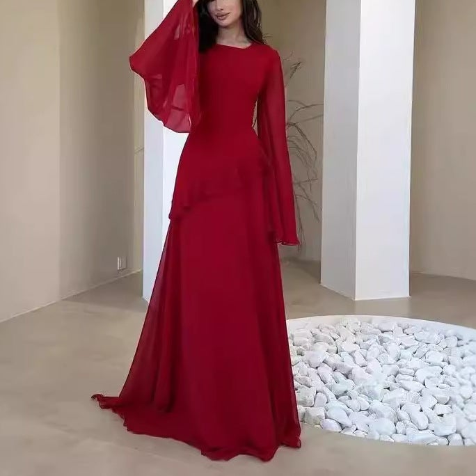 فستان نسائي جديد فضفاض بأكمام طويلة من الشبك بلون موحد مع كشكش - Image 2