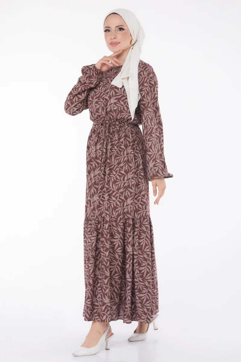 Tofisa Plain Crew Neck Women's Brown Leaf Patterned Dress - 25751