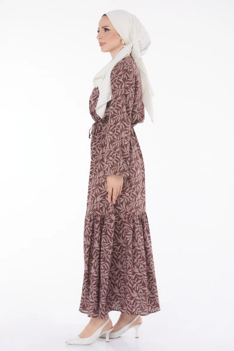 Tofisa Plain Crew Neck Women's Brown Leaf Patterned Dress - 25751