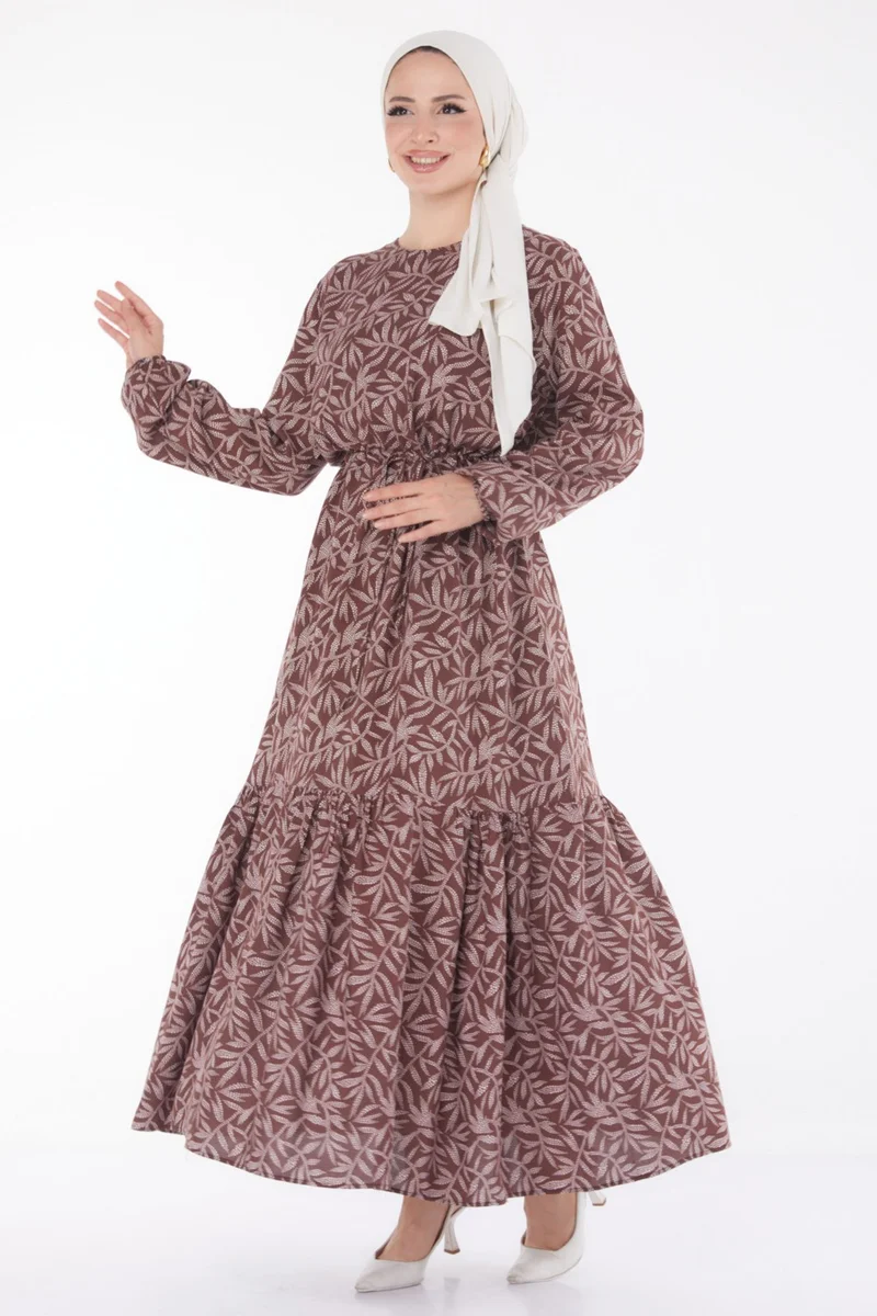 Tofisa Plain Crew Neck Women's Brown Leaf Patterned Dress - 25751