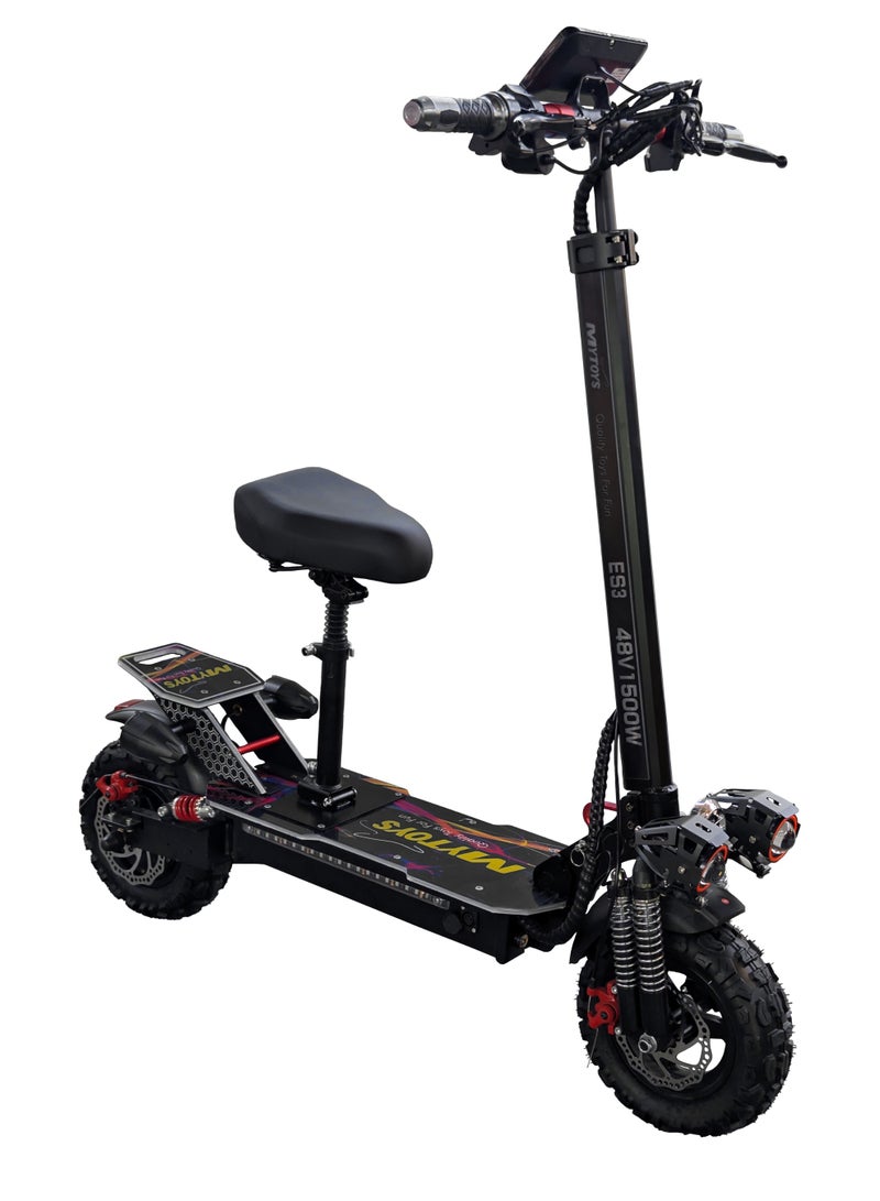 Mytoys High Speed Adult Electric Scooter 1500W Brushless Motor up to 65km/H Speed, 40-45Km Long Range, 48V13Ah Battery, LED Screen Display, Foldable, Dual Front and Rear Shock Absorber with Bluetooth Speaker, 11" Off Road Tires LED Lights, Turn Signals, Colorful LED light standing Deck – MT600 - Image 1