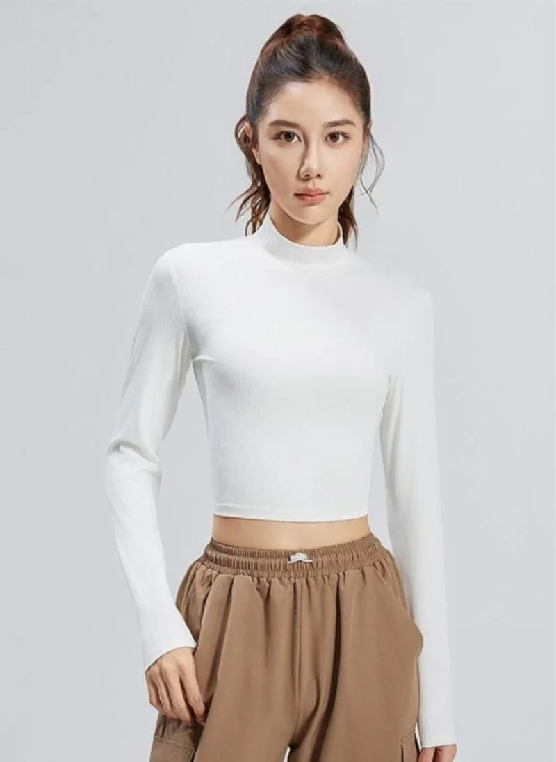 YUNIQEE White Solid High Neck Long Sleeves Sports Top