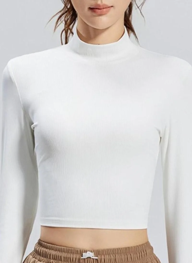 YUNIQEE White Solid High Neck Long Sleeves Sports Top