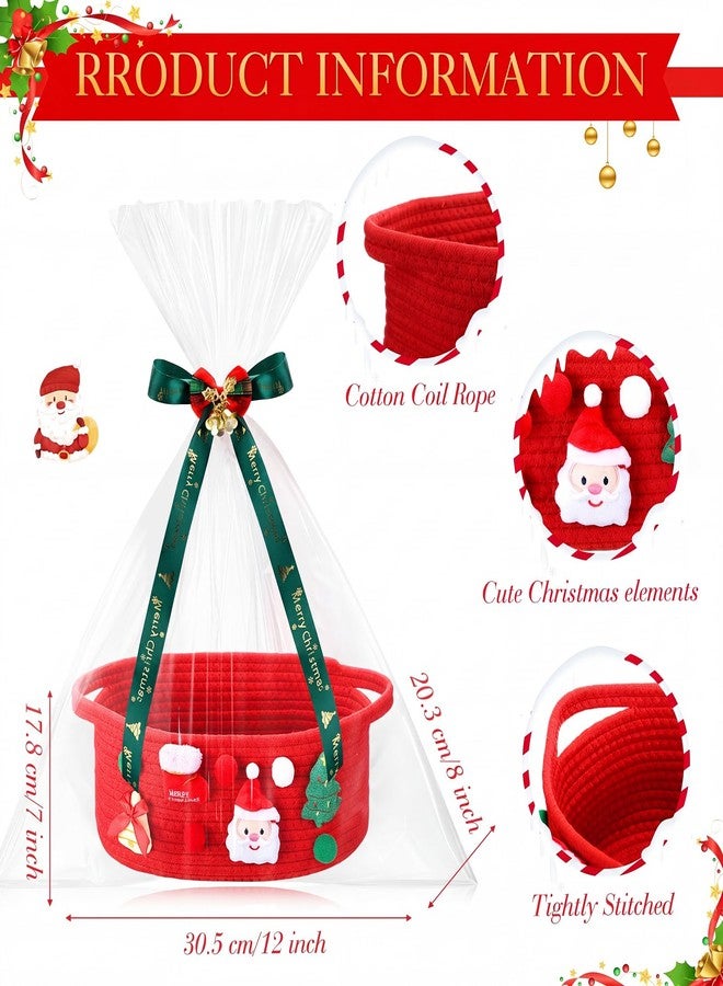 Funnymoom 3 Set Christmas Gift Basket Empty Small Woven Basket with Gift Bag Bow Ribbon Xmas Card 12" x 8" x 5" Cotton Rope Storage Bin with Handle for Christmas Holiday Decoration(Red,Classic - Image 2