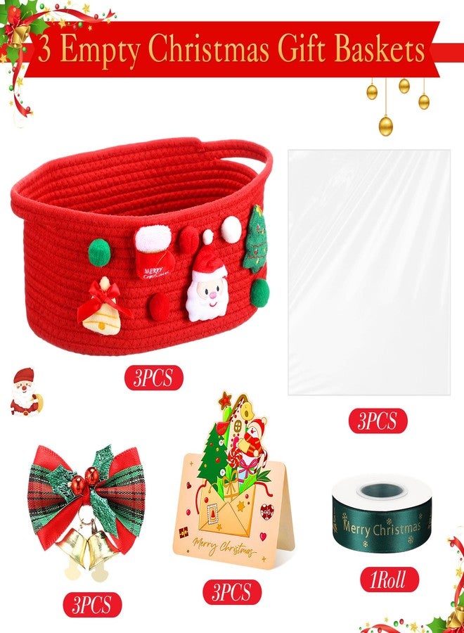 Funnymoom 3 Set Christmas Gift Basket Empty Small Woven Basket with Gift Bag Bow Ribbon Xmas Card 12" x 8" x 5" Cotton Rope Storage Bin with Handle for Christmas Holiday Decoration(Red,Classic - Image 3