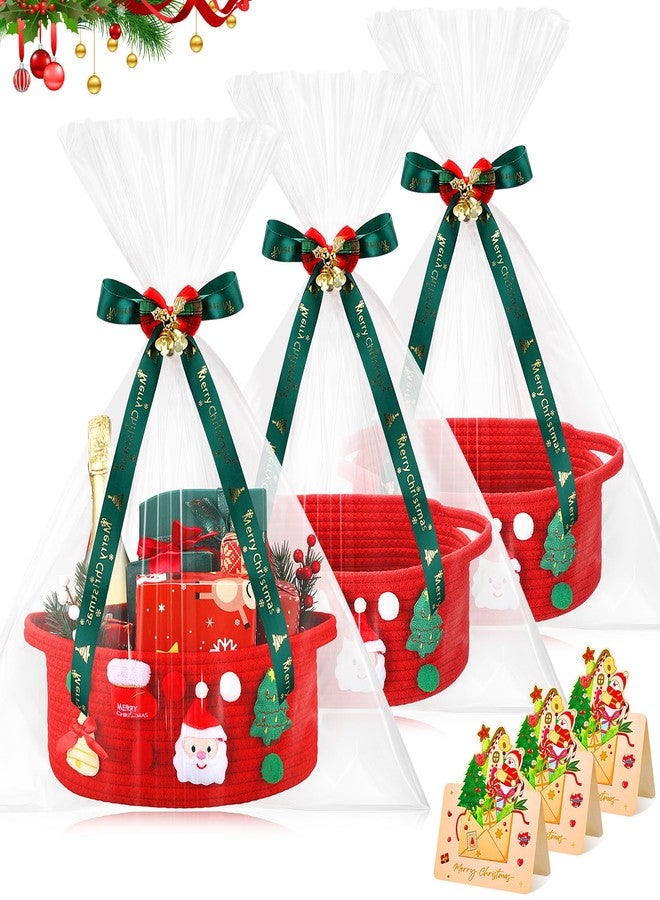 Funnymoom 3 Set Christmas Gift Basket Empty Small Woven Basket with Gift Bag Bow Ribbon Xmas Card 12" x 8" x 5" Cotton Rope Storage Bin with Handle for Christmas Holiday Decoration(Red,Classic - Image 1