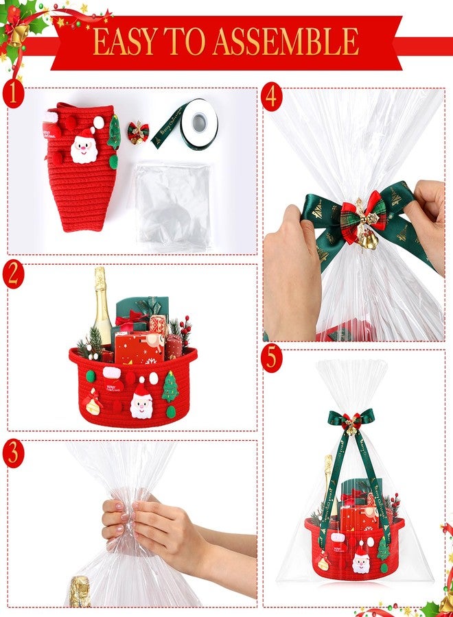 Funnymoom 3 Set Christmas Gift Basket Empty Small Woven Basket with Gift Bag Bow Ribbon Xmas Card 12" x 8" x 5" Cotton Rope Storage Bin with Handle for Christmas Holiday Decoration(Red,Classic - Image 4