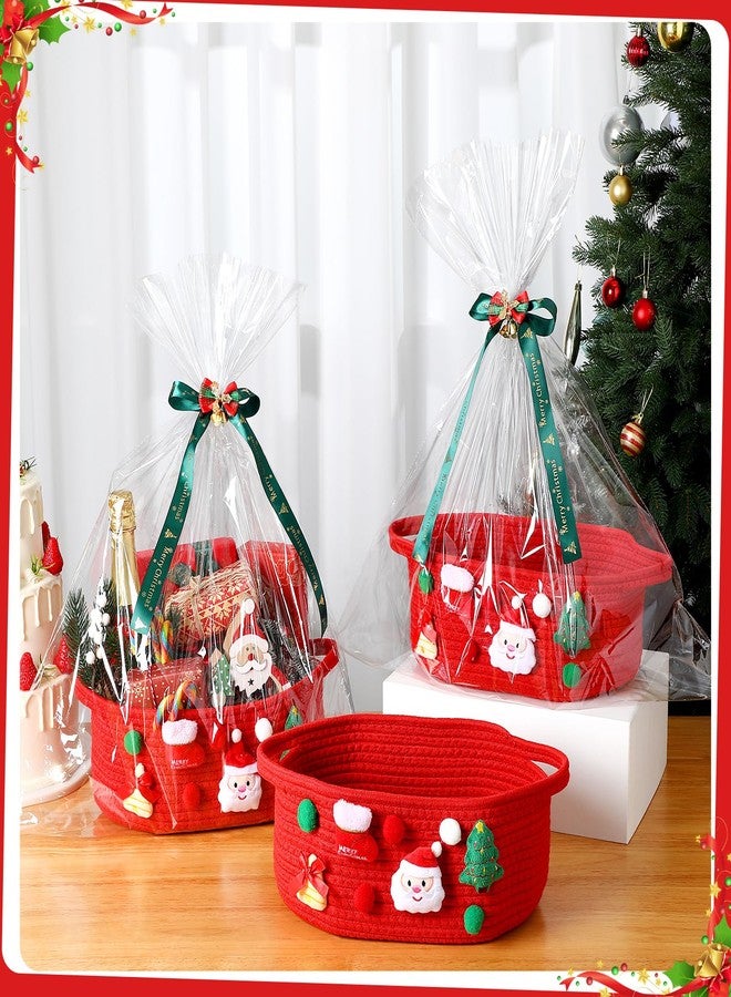 Funnymoom 3 Set Christmas Gift Basket Empty Small Woven Basket with Gift Bag Bow Ribbon Xmas Card 12" x 8" x 5" Cotton Rope Storage Bin with Handle for Christmas Holiday Decoration(Red,Classic - Image 5