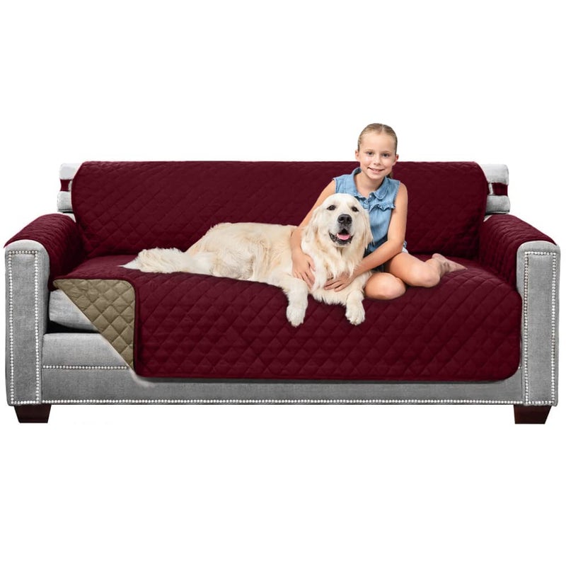 Sofa Shield Couch Slip Cover with Patented Strap, Cushion Protector, US Designed Reversible Stain and Dog Tear Resistant Slipcover, 70 inch Seat, Washable Covers for Dogs Pets, Burgundy Tan - Image 1