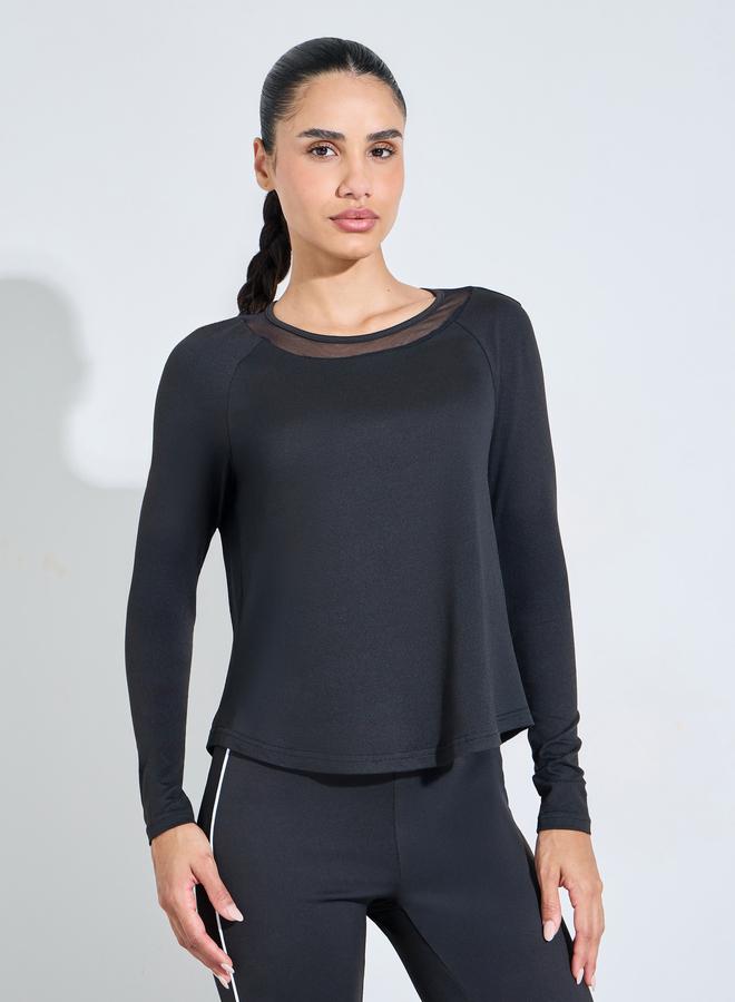 Styli Active Black Long Sleeve Active Top with Mesh Neck Detail - Image 1