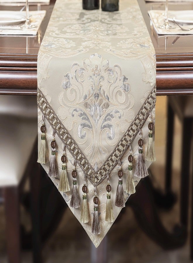 Loom and Mill Luxury Table Runner 120 Inches Long, Floral Jacquard Damask Dining Table Runner with Multi-Tassels for Dining Room Dresser Party Banquet Holiday Decorations(Light Apricot, 13*120 inch) - Image 1