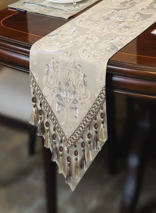 Loom and Mill Luxury Table Runner 120 Inches Long, Floral Jacquard Damask Dining Table Runner with Multi-Tassels for Dining Room Dresser Party Banquet Holiday Decorations(Light Apricot, 13*120 inch) - Image 3
