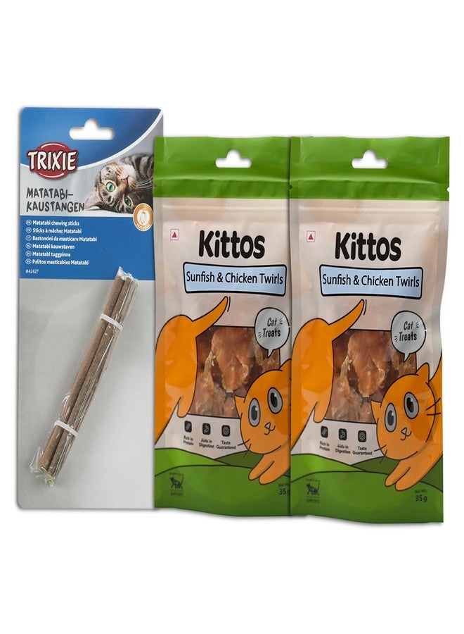 تريكسي مجموعة هابي كات المكونة من قطعتين من كيتوس سنفيش ولفائف الدجاج، وهي مكافأة لذيذة لقطتك، بالإضافة إلى قطعة واحدة من أعواد المضغ تريكسي ماتاتابي لدعم صحة أسنانها. - Image 1