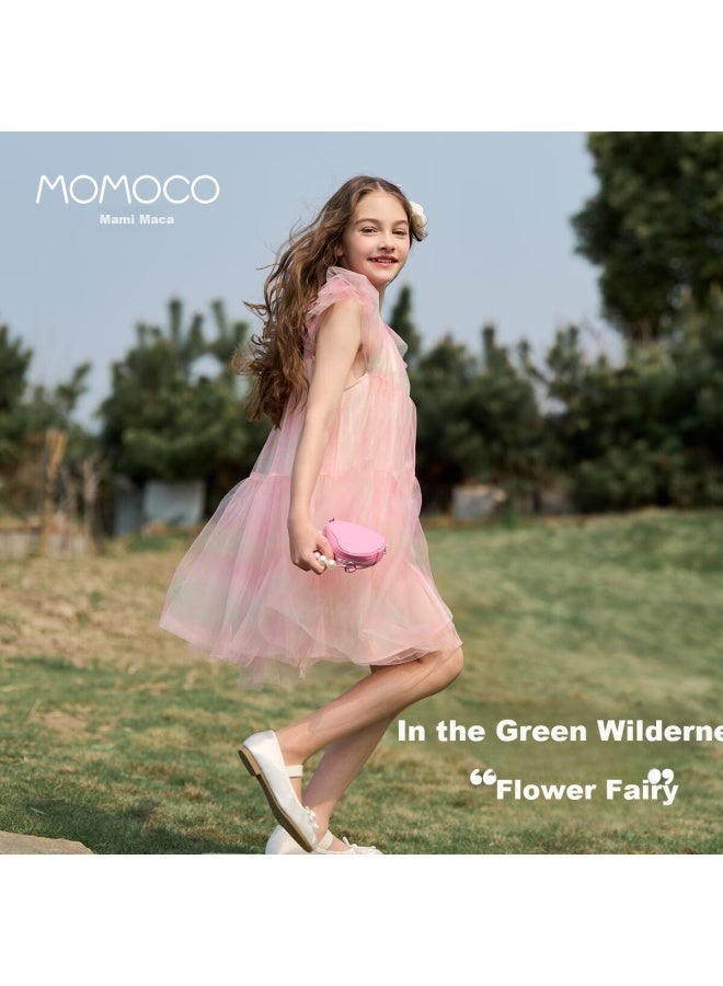 Momoco Summer Girls' Dress Children's Dress Lotus Leaf Lace Chiffon Dress Pink 105 - Image 1