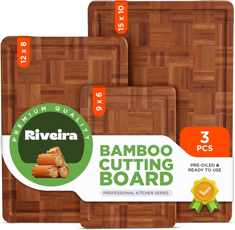 Riveira Bamboo End Grain Wood Cutting Board – Versatile And Durable: Set Of 3 Pcs Wooden Cutting Boards – Natural Wooden Cutting Boards For Kitchen Set – Complete Bamboo End Grain Cutting Board - Image 1