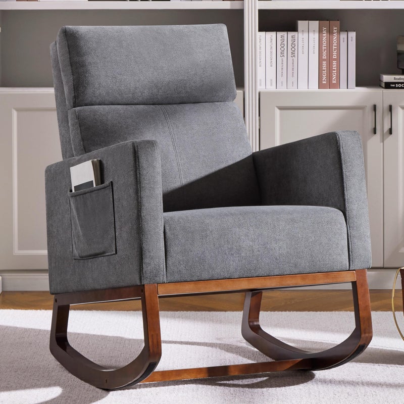 Yaheetech Rocking Chair Upholstered Glider Chair with Side Pocket Nursery Chair with High Backrest and Rubber Wood Legs Rocking Accent Armchair for Living Room Bedroom Nursery Gray