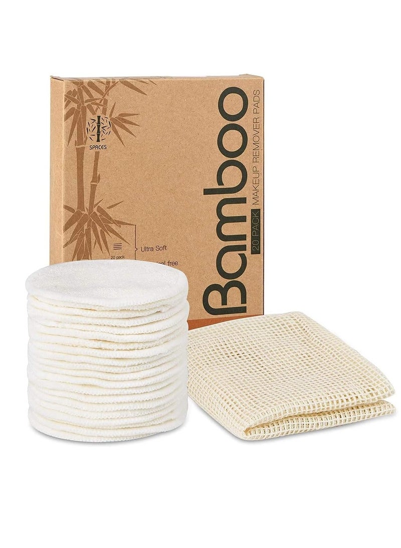 Bamboo 20 Packs Organic Reusable Makeup Remover Pads, Washable Bamboo Cotton Rounds for All Skin Types with Cotton Laundry Bag - Image 1