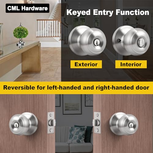 CML Hardware (2 Pack) Entry Door Knob, Keyed Different Door Lock Sets in Solid Stainless Steel for Entrance, Exterior and Interior, Round Ball Handle - Image 2