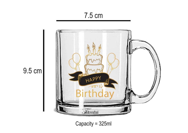TONKWALAS Happy Birthday Printed Transparent Glass Coffee and Tea Mug Unique Gift for Bithday (325 ML) - Image 3